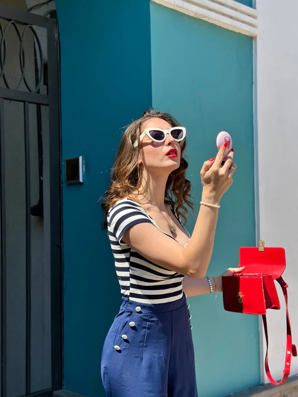 Red 1950s Hollow Bow Stripe Patchwork Jumpsuit sold by Retro Stage product image thumbnail 2