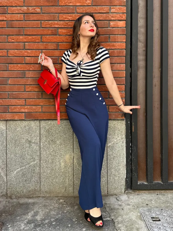 Red 1950s Hollow Bow Stripe Patchwork Jumpsuit sold by Retro Stage