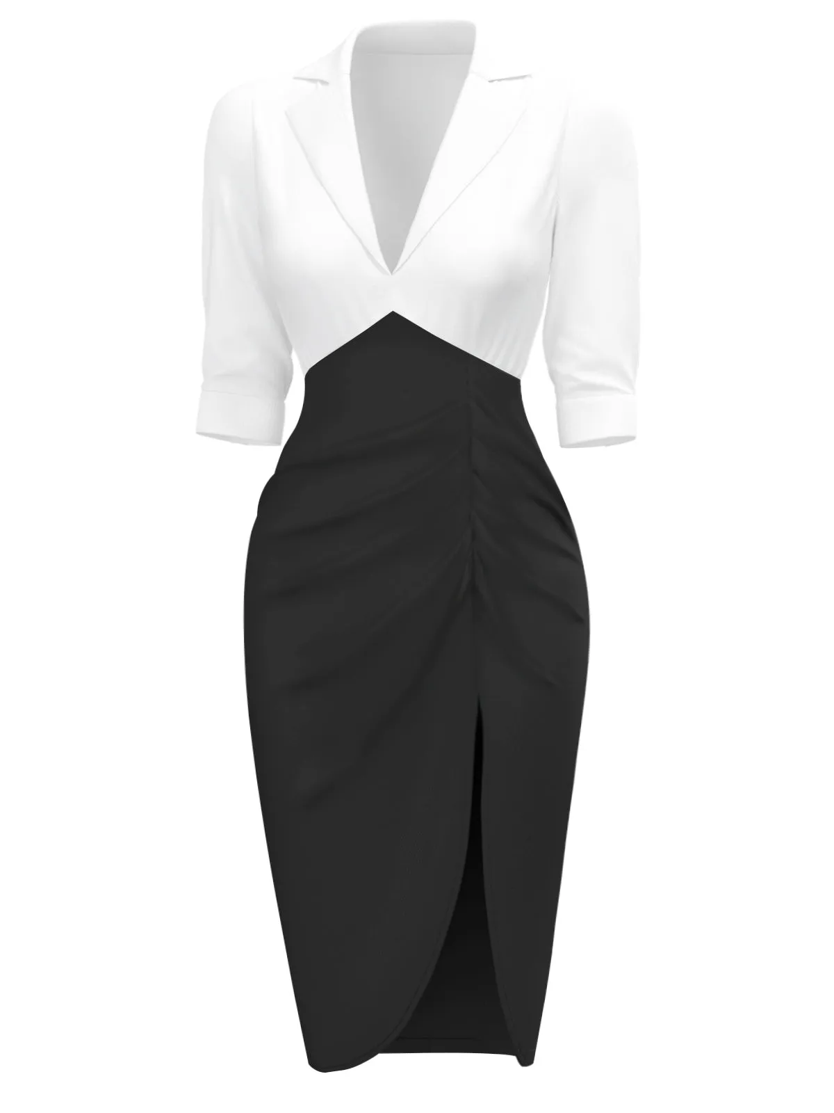 White & Black 1960s Notched Collar Ruched Bodycon Dress sold by Retro Stage product image thumbnail 5