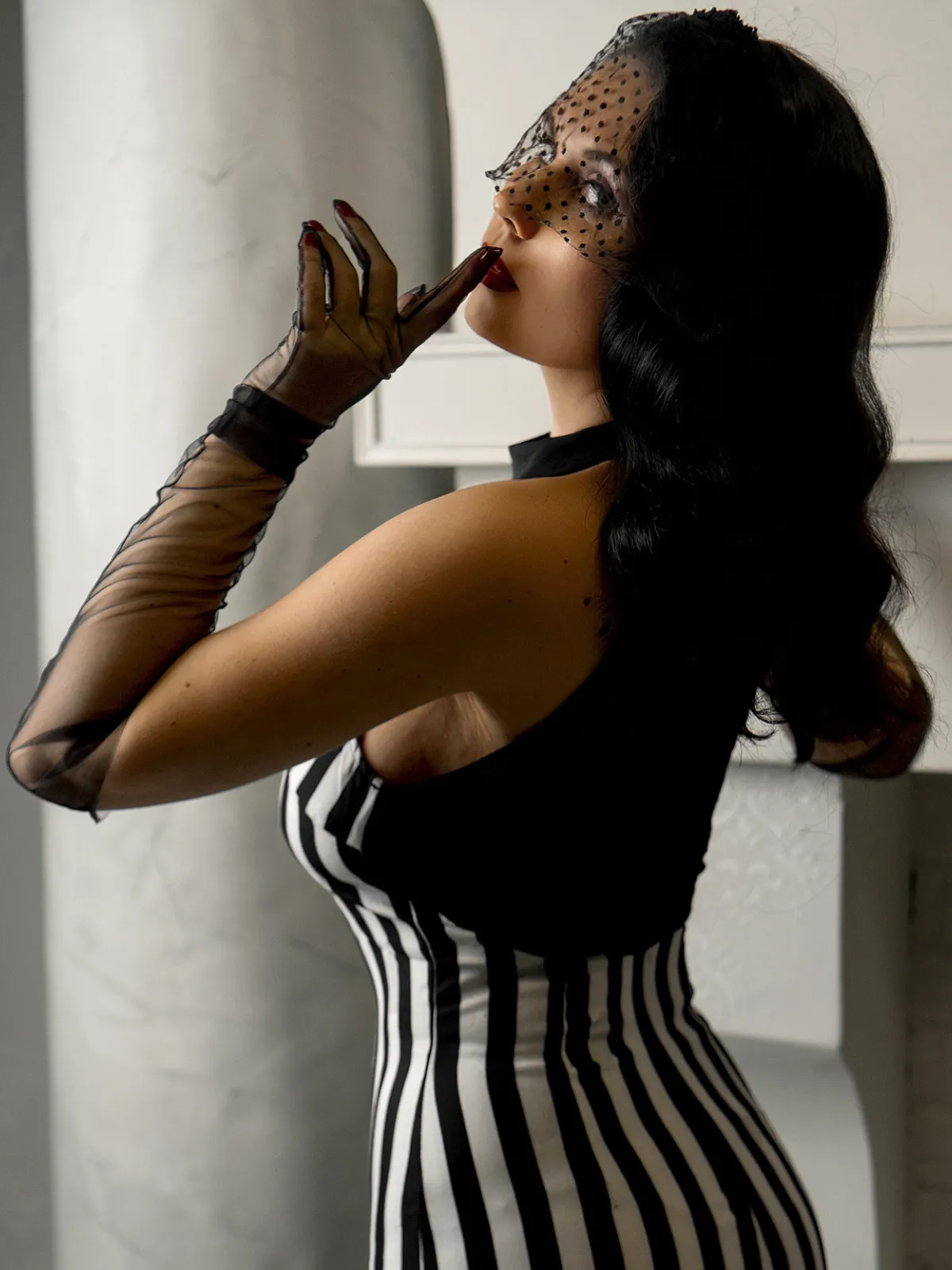 Black 1930s Spiderweb Mesh Stripe Fishtail Dress sold by Retro Stage product image thumbnail 3