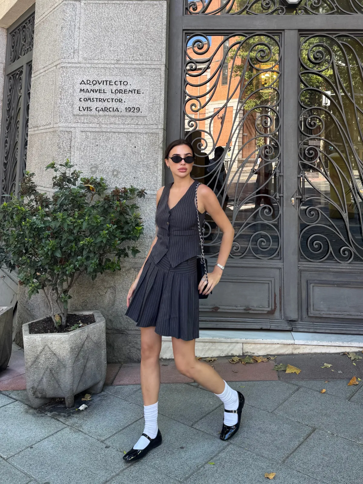 2PCS Dark Gray 1960s Pinstripes Top & Pleated Skirt sold by Retro Stage product image thumbnail 2