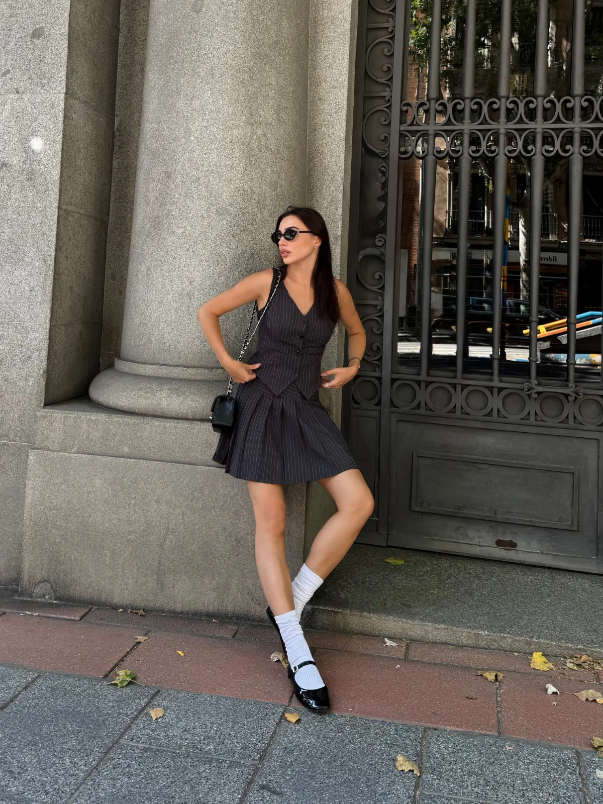 2PCS Dark Gray 1960s Pinstripes Top & Pleated Skirt sold by Retro Stage