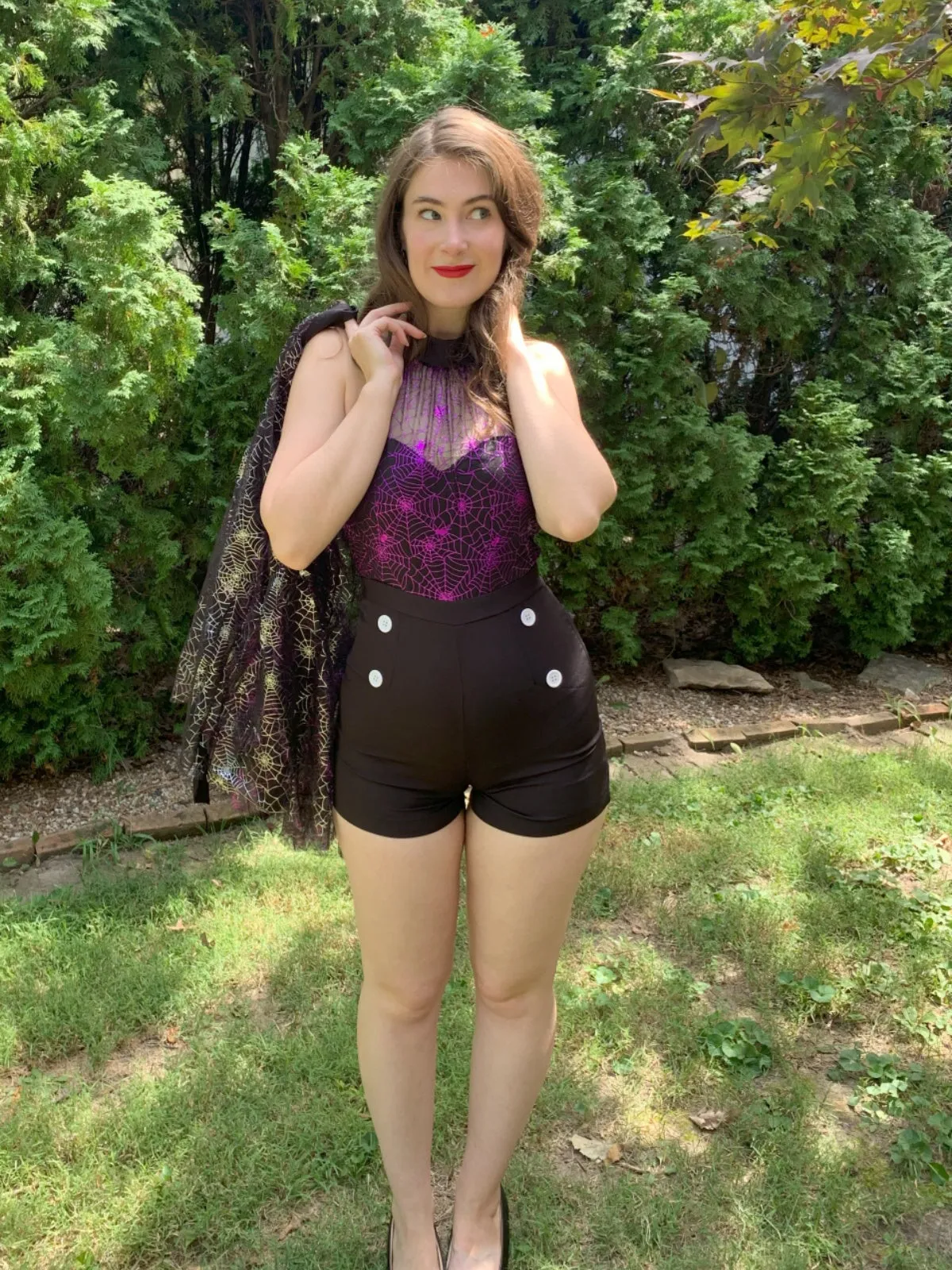 2PCS Black & Purple 1950s Spiderweb Mesh Romper & Skirt Cover-Up sold by Retro Stage product image thumbnail 2