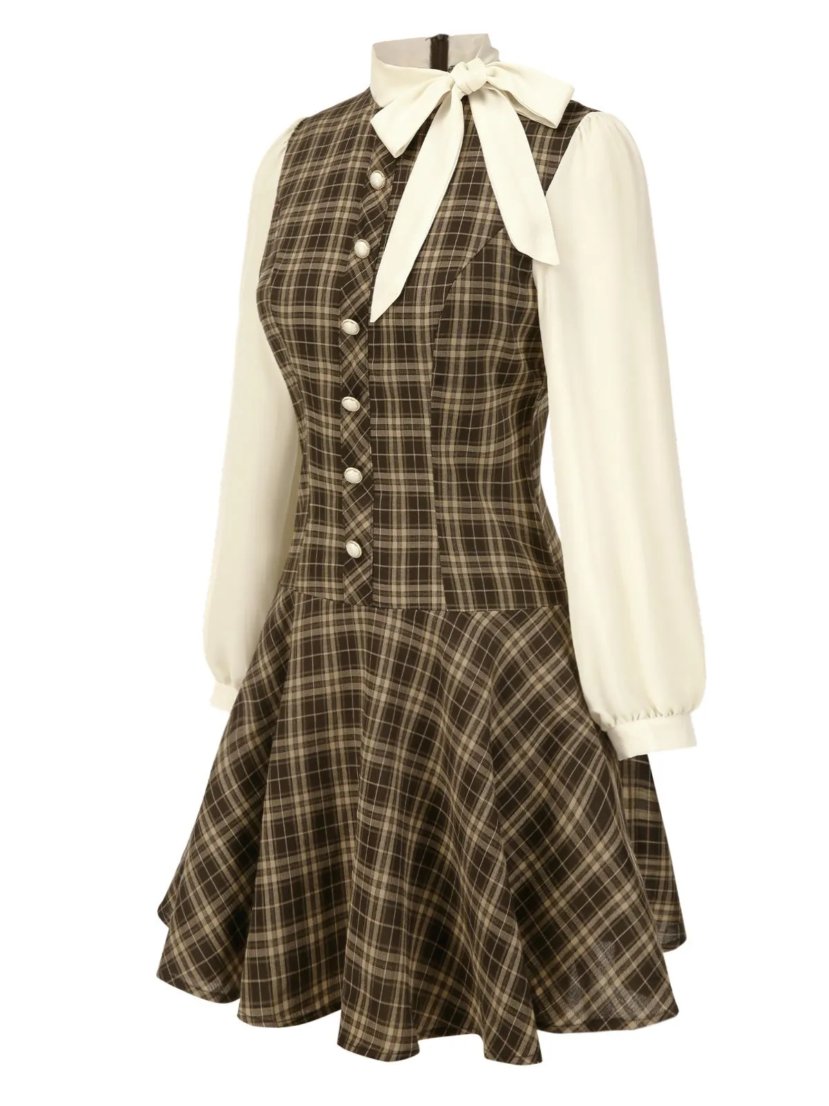 Brown 1960s Plaid Bow Tie Button Swing Dress sold by Retro Stage product image thumbnail 4