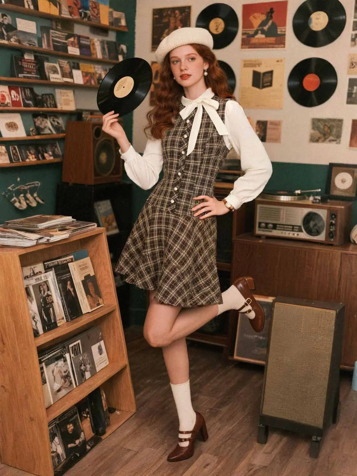 Brown 1960s Plaid Bow Tie Button Swing Dress sold by Retro Stage product image thumbnail 3