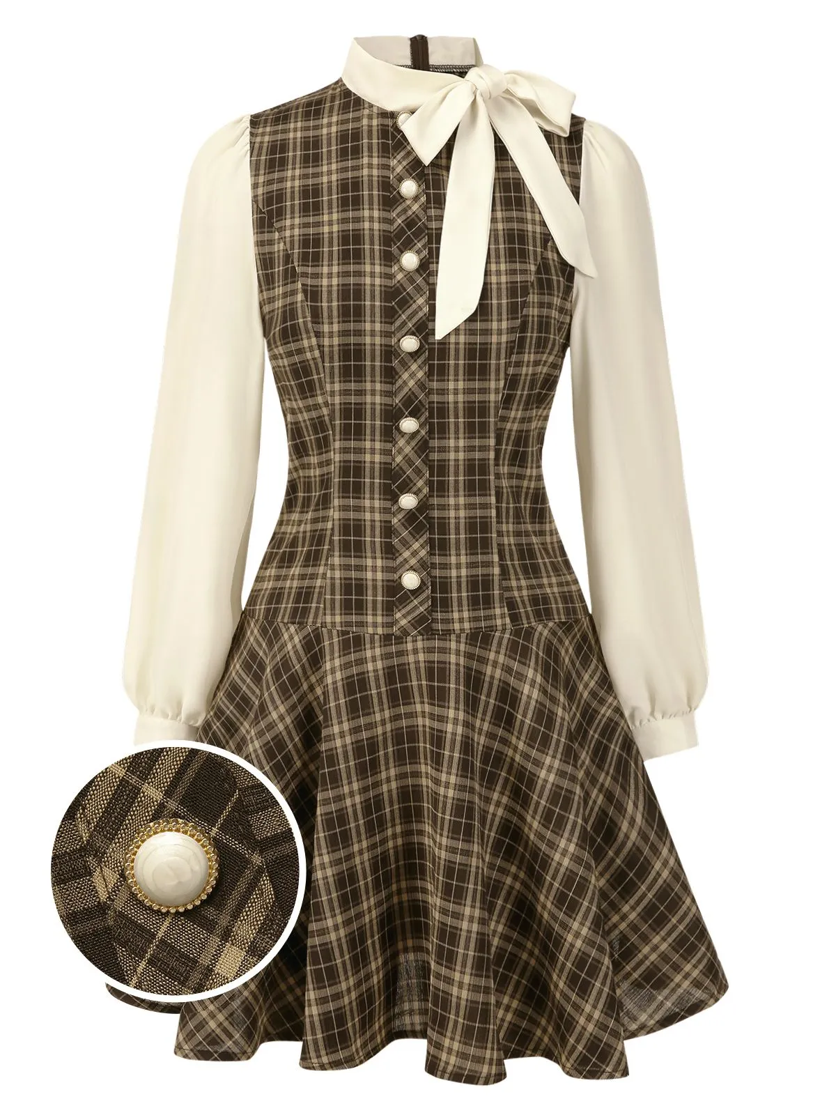 Brown 1960s Plaid Bow Tie Button Swing Dress sold by Retro Stage product image thumbnail 2
