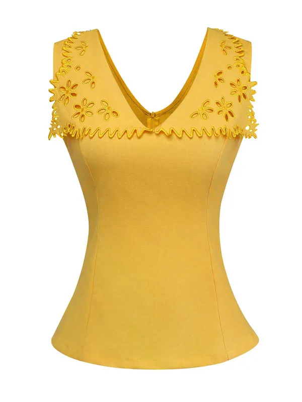 Yellow 1960s Cutout Floral Sleeveless Blouse made by Retro Stage