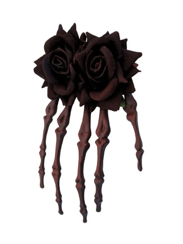 Deep Red Vintage Rose Skeleton Hand Hairpin sold by Retro Stage