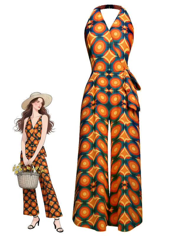Orange 1970s Halter Geometric Print Jumpsuit sold by Retro Stage
