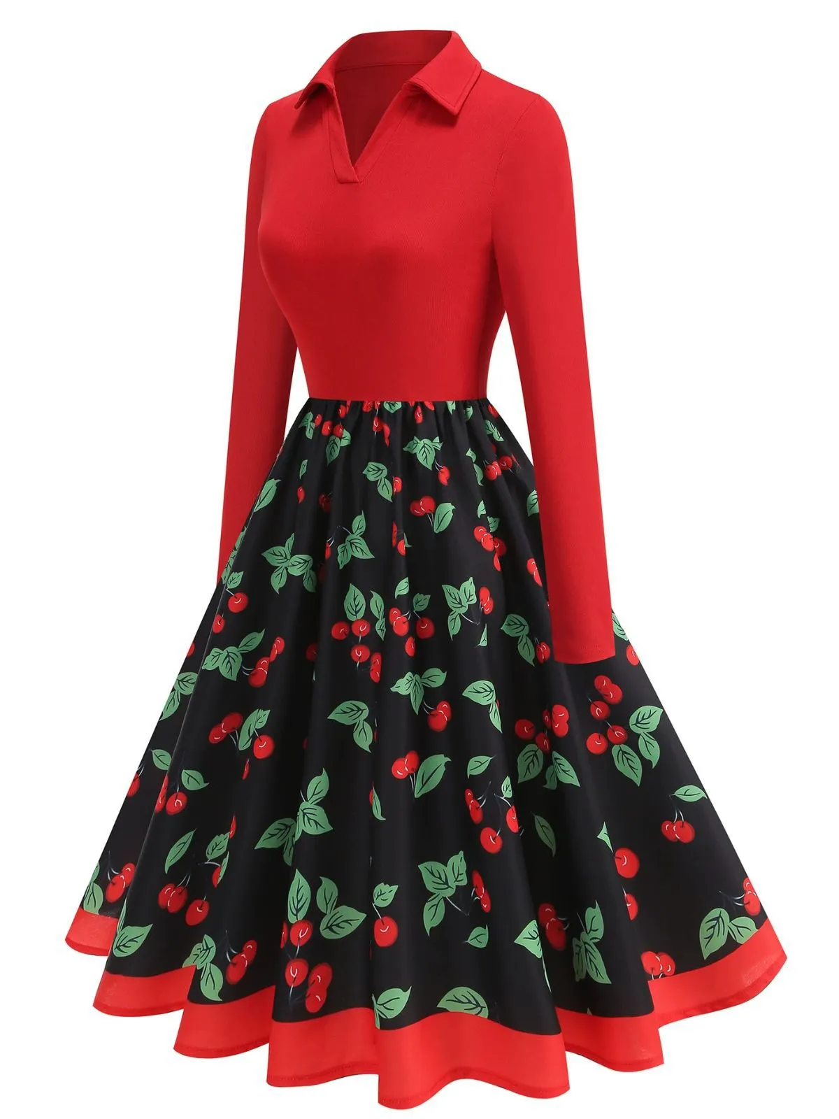 Red 1950s Cherry Print Long Sleeve Swing Dress sold by Retro Stage product image thumbnail 2
