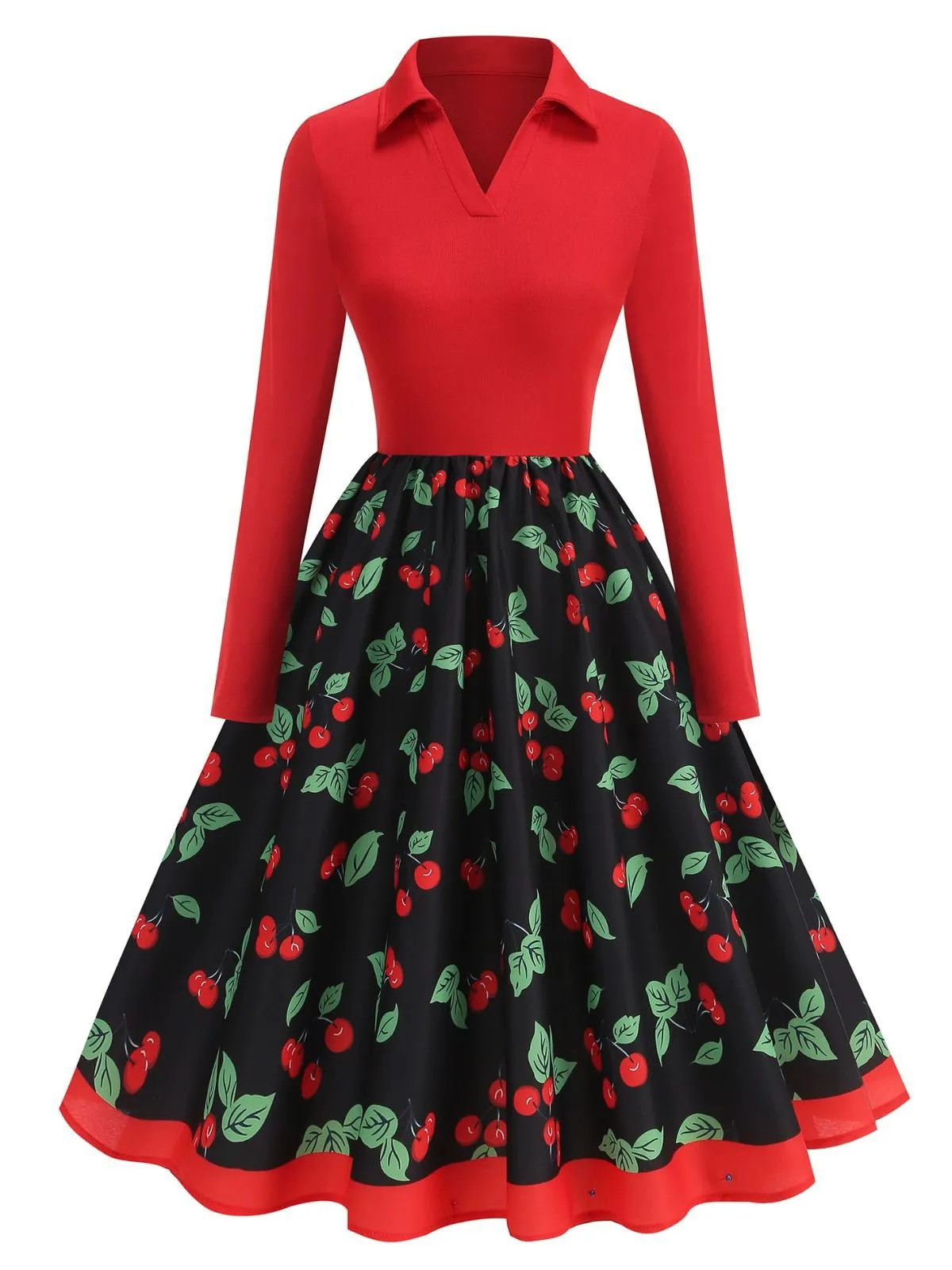 Red 1950s Cherry Print Long Sleeve Swing Dress sold by Retro Stage