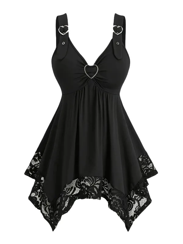 [Plus Size] Black 1970s Solid Heart Button Lace Tunic Top sold by Retro Stage