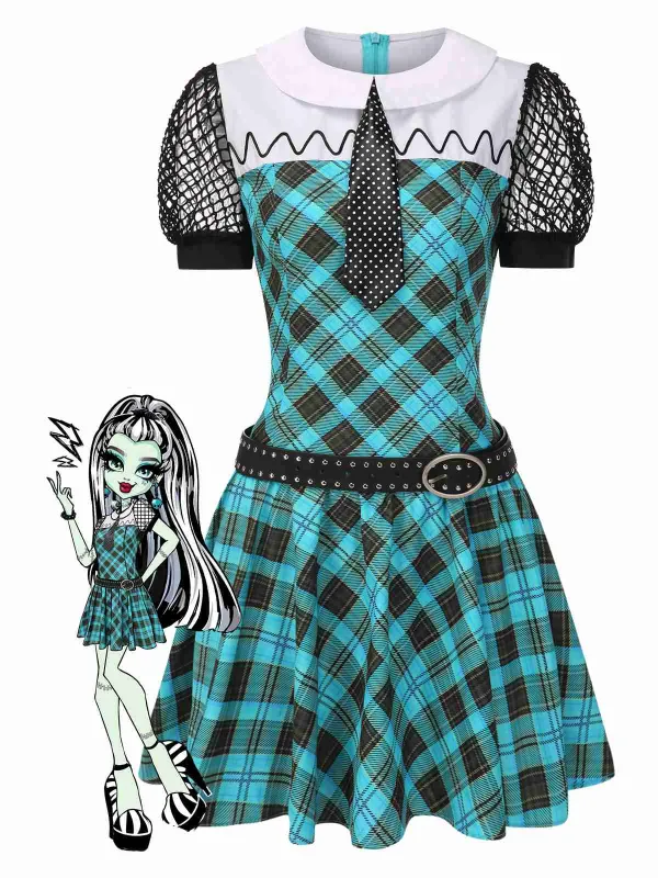 Blue 1970s Plaid Peter Pan Collar Frankie Stein Dress sold by Retro Stage