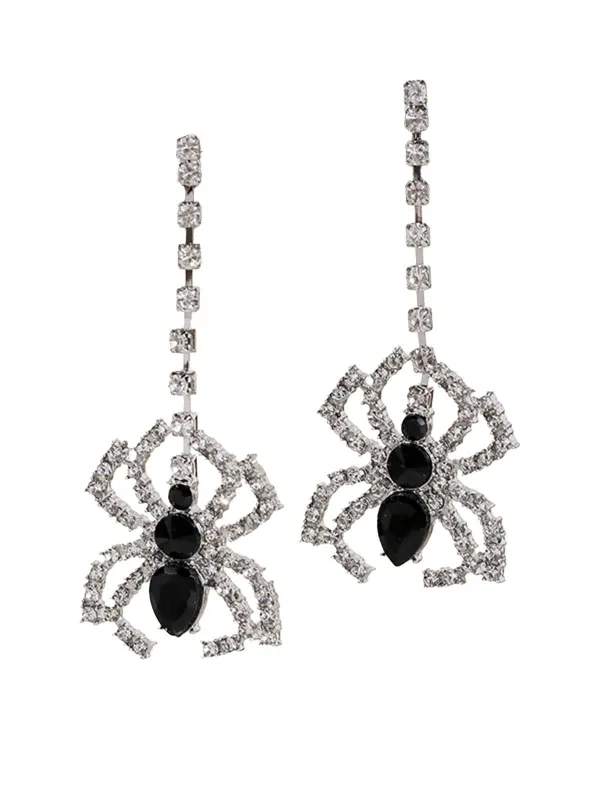 Silver Halloween Rhinestone Spider Drop Earrings sold by Retro Stage
