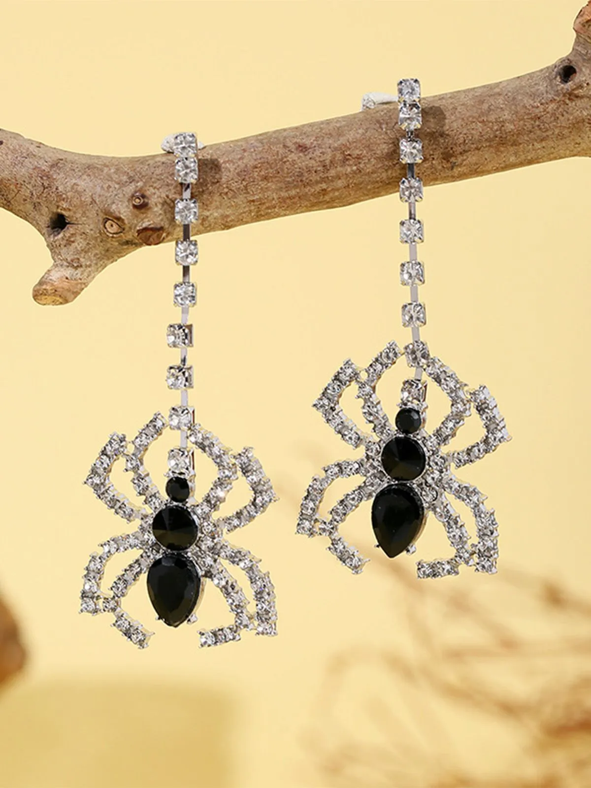 Silver Halloween Rhinestone Spider Drop Earrings sold by Retro Stage product image thumbnail 2