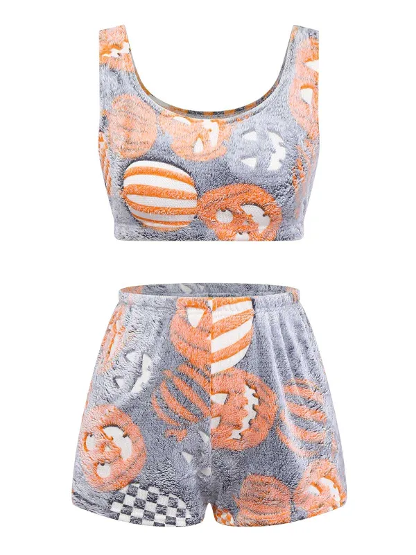 2PCS Grey 1970s Glowing Halloween Pumpkin Flannel Pajama Set sold by Retro Stage