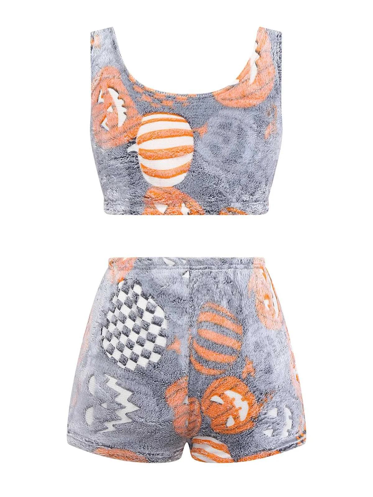 2PCS Grey 1970s Glowing Halloween Pumpkin Flannel Pajama Set sold by Retro Stage product image thumbnail 2