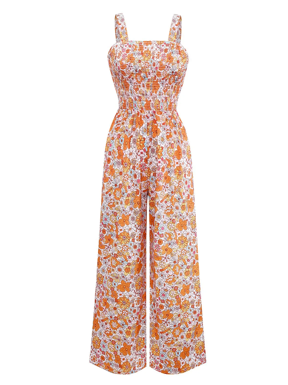 Orange 1970s Floral Print Wide Leg Jumpsuit sold by Retro Stage