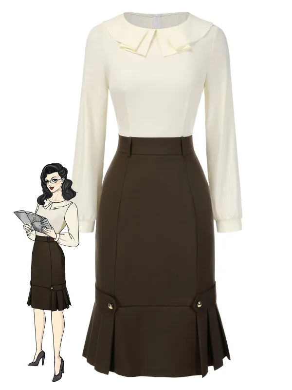 Brown 1960s Contrast Collar Long Sleeve Pencil Dress sold by Retro Stage
