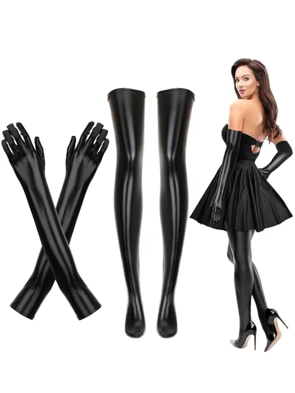 Halloween Black PU Leather Gloves & Thigh High Socks Set sold by Retro Stage