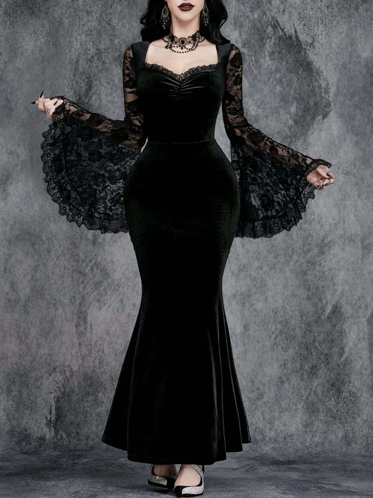 Black 1930s Lace Sleeve Velvet Fishtail Dress sold by Retro Stage product image thumbnail 4