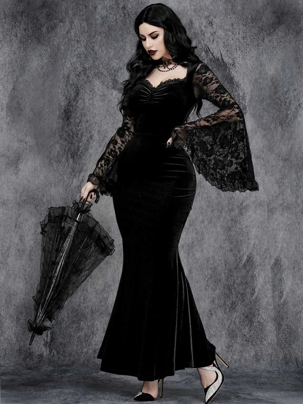 Black 1930s Lace Sleeve Velvet Fishtail Dress sold by Retro Stage product image thumbnail 2