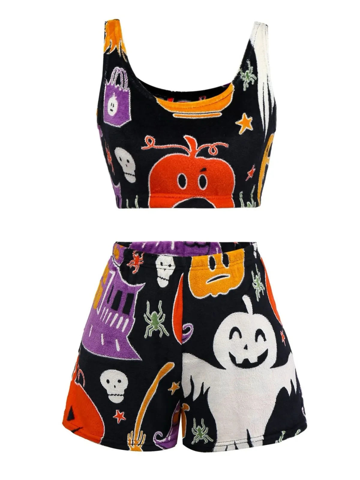 2PCS Black 1970s Glowing Halloween Ghost Flannel Pajama Set sold by Retro Stage