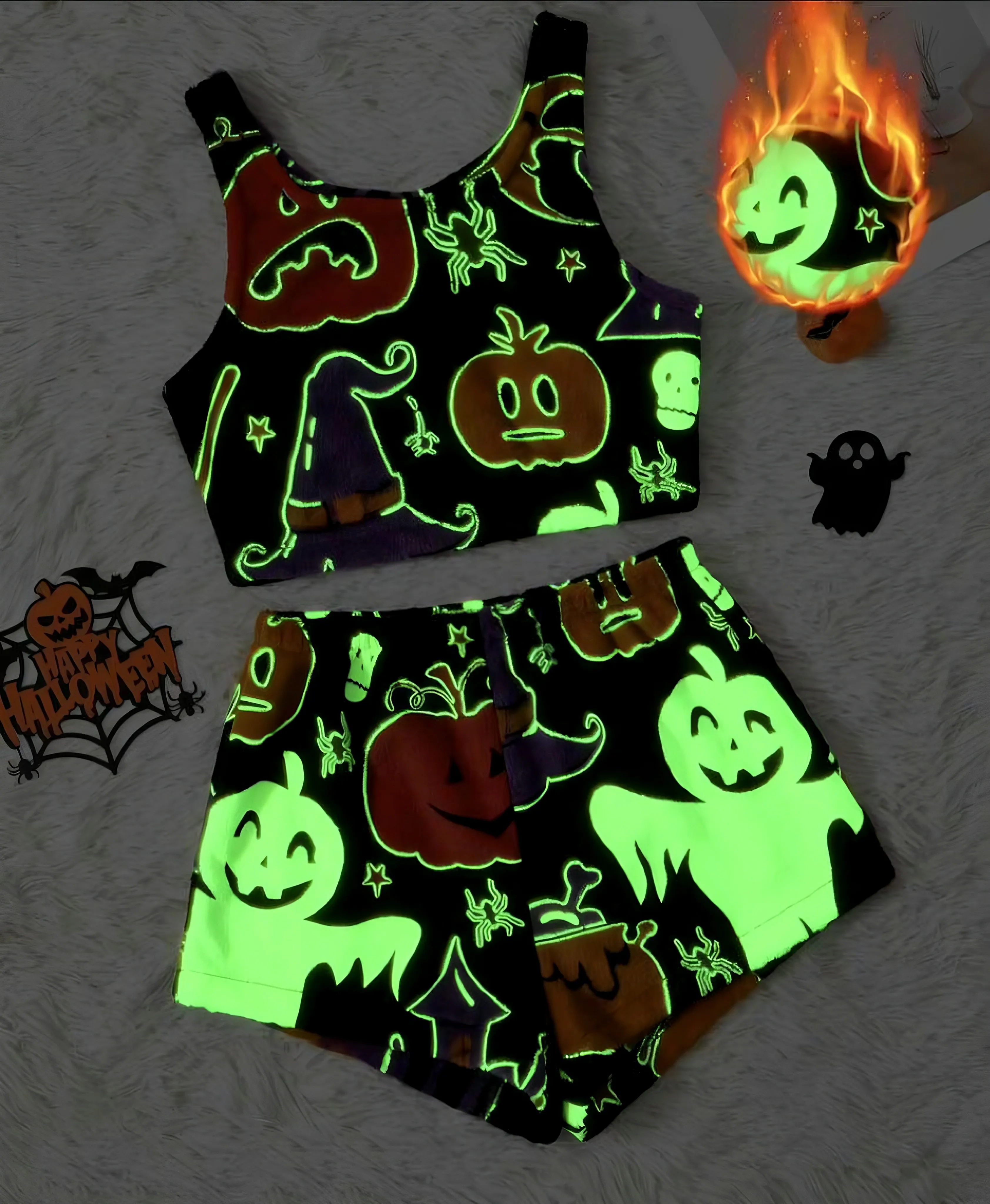 2PCS Black 1970s Glowing Halloween Ghost Flannel Pajama Set sold by Retro Stage product image thumbnail 3