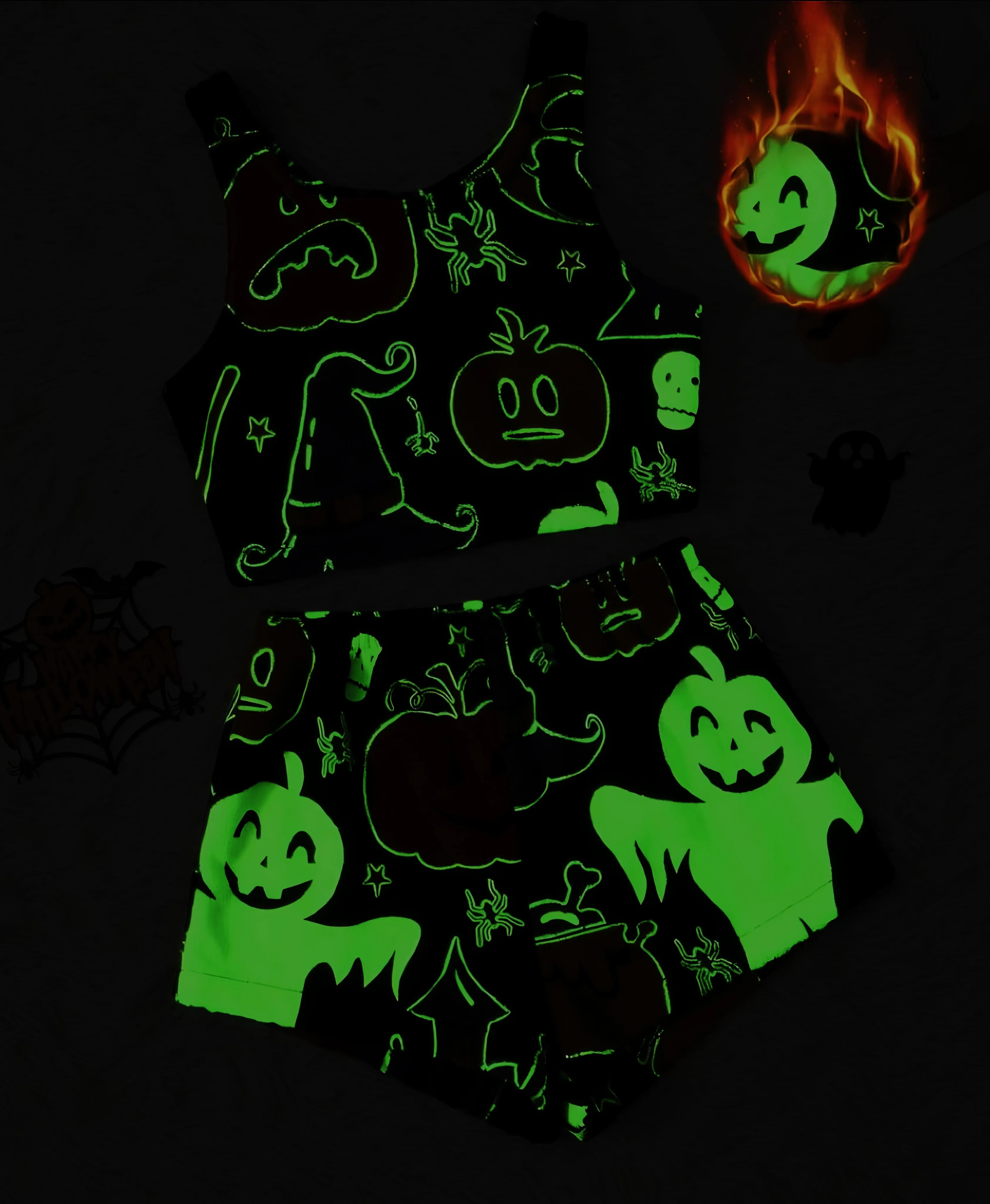 2PCS Black 1970s Glowing Halloween Ghost Flannel Pajama Set sold by Retro Stage product image thumbnail 4