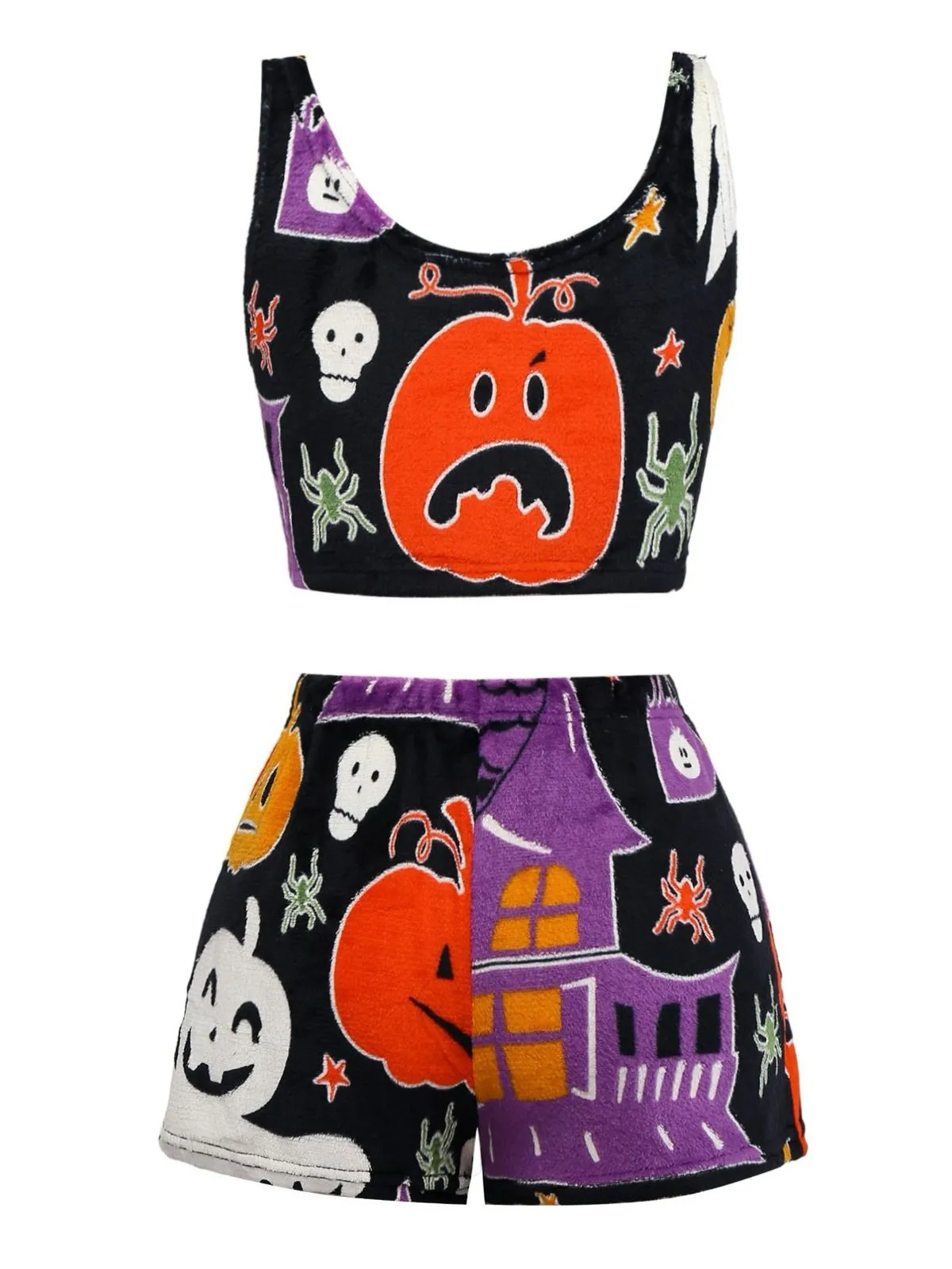 2PCS Black 1970s Glowing Halloween Ghost Flannel Pajama Set sold by Retro Stage product image thumbnail 2