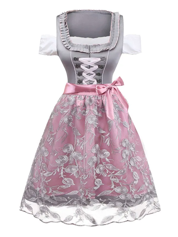 3PCS Pink 1950s Satin Lace Embroidered Dress & Off-Shoulder Top sold by Retro Stage