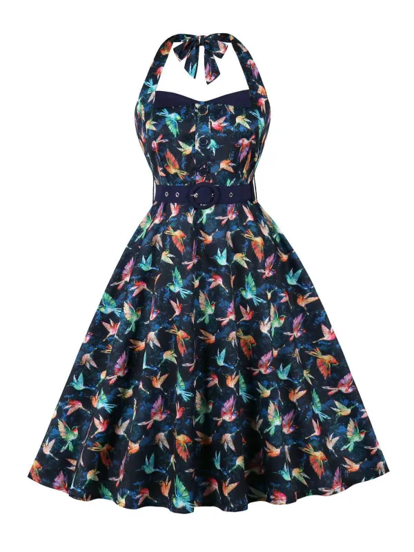 Multicolor 1950s Bird Halter Neck Belted Dress sold by Retro Stage