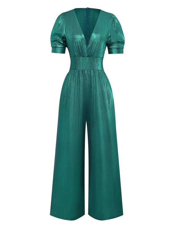 1970s Metallic V-Neck Wide-Leg Jumpsuit sold by Retro Stage