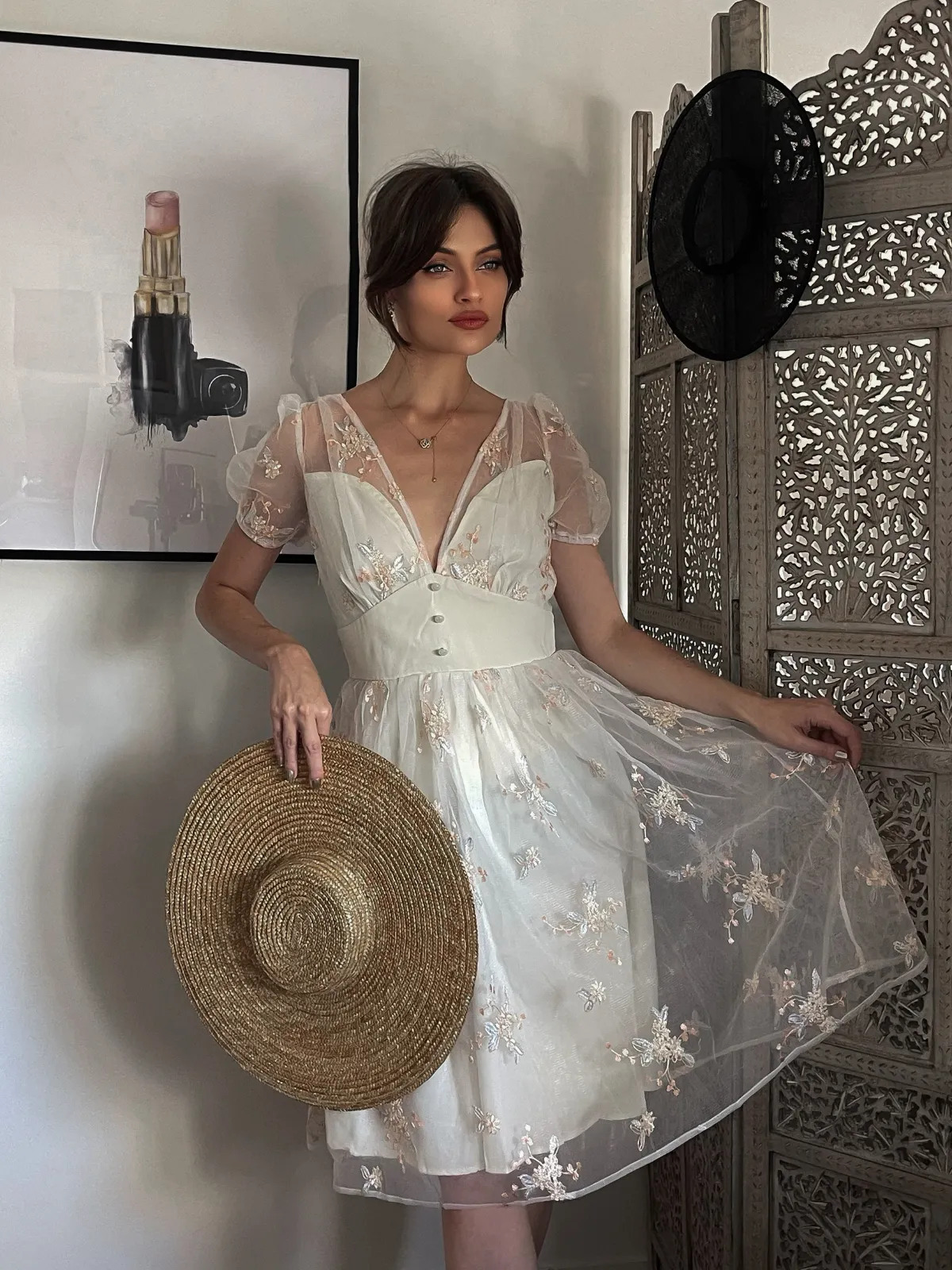 White 1950s Deep V-Neck Embroidered Floral Dress sold by Retro Stage product image thumbnail 3