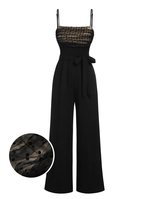 Black 1930s Polka Dots Mesh Spaghetti Straps Jumpsuit sold by Retro Stage