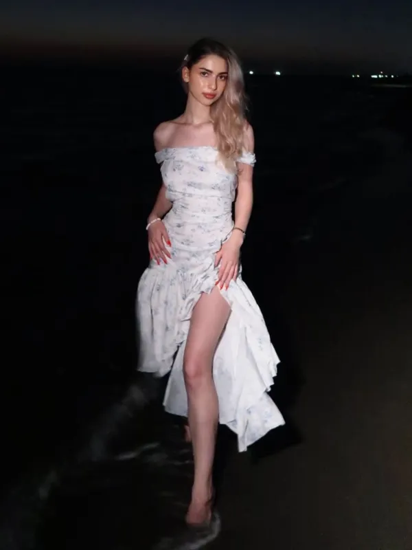 Blue 1930s Off-Shoulder Floral Ruffles Hem Dress sold by Retro Stage