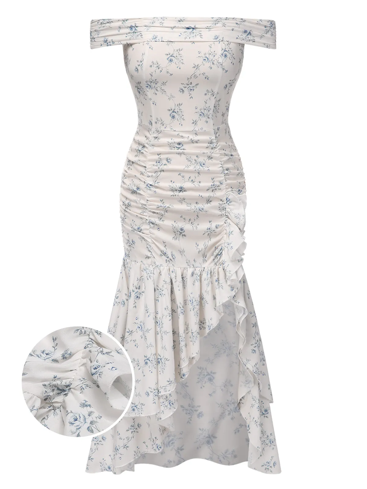 Blue 1930s Off-Shoulder Floral Ruffles Hem Dress sold by Retro Stage product image thumbnail 5