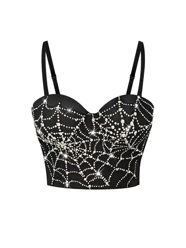 Black 1970s Rhinestone Spider Web Crop Top sold by Retro Stage