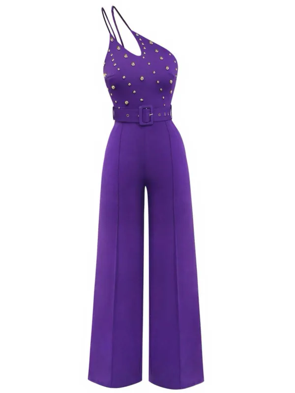 1970s One-Shoulder Studded Belted Jumpsuit sold by Retro Stage