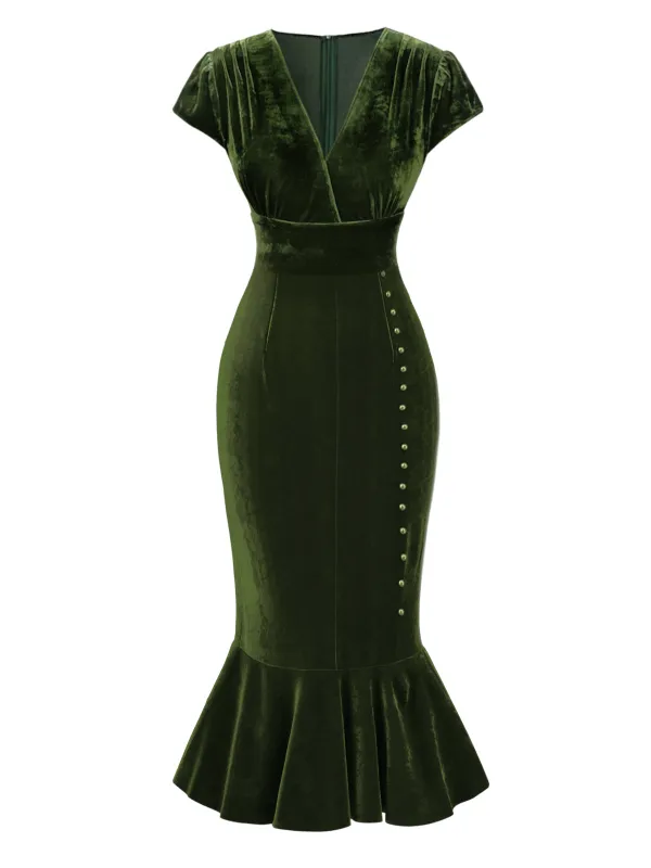 Green 1930s Button V-Neck Velvet Fishtail Dress sold by Retro Stage