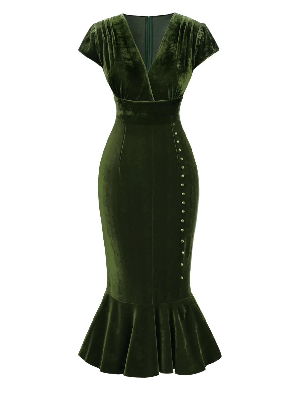 Green 1930s Button V-Neck Velvet Fishtail Dress sold by Retro Stage