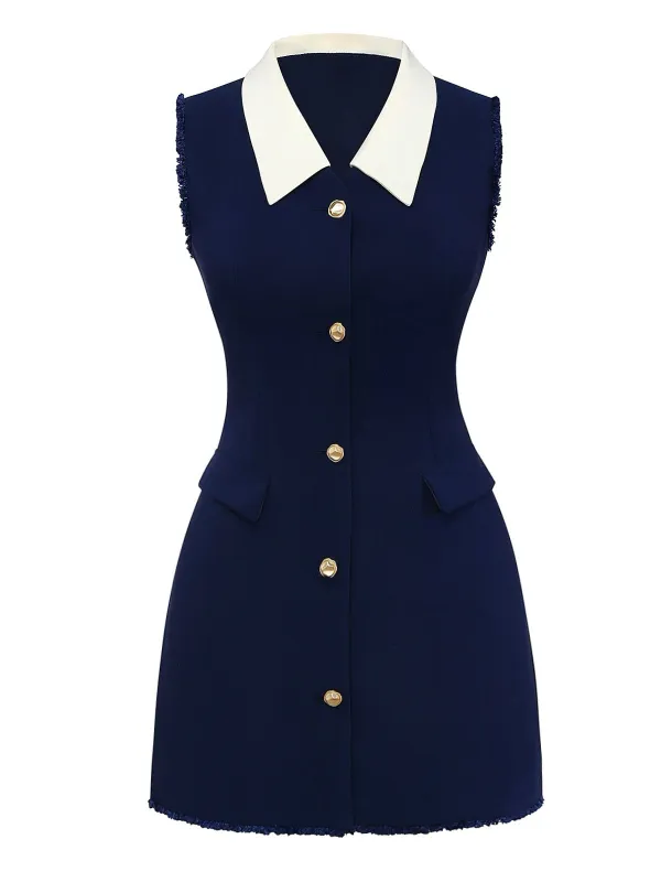 Dark Blue 1960s Contrast Raw Cuffs Buttons Dress sold by Retro Stage