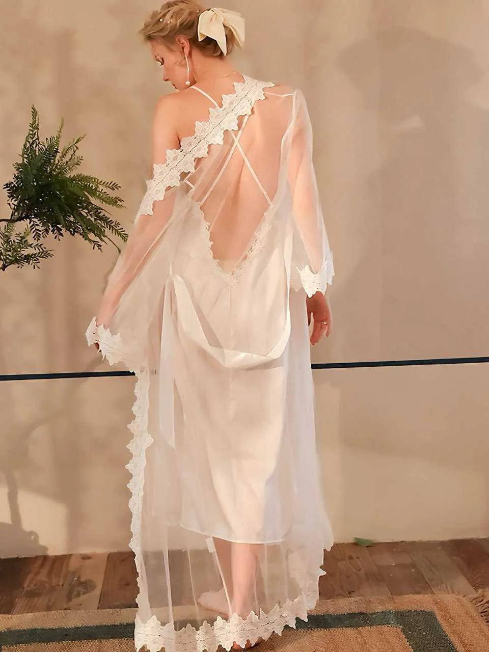 White 1930s Sheer Mesh Lace Nightdress Set sold by Retro Stage product image thumbnail 3