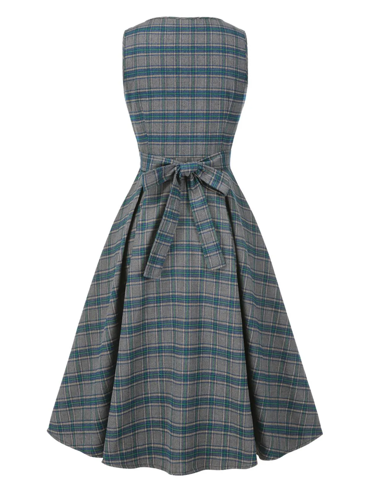 Gray 1950s Plaid V-Neck Sleeveless Ruffled Dress sold by Retro Stage product image thumbnail 4