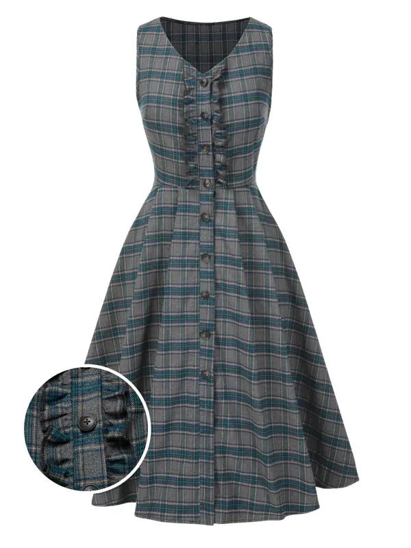 Gray 1950s Plaid V-Neck Sleeveless Ruffled Dress sold by Retro Stage
