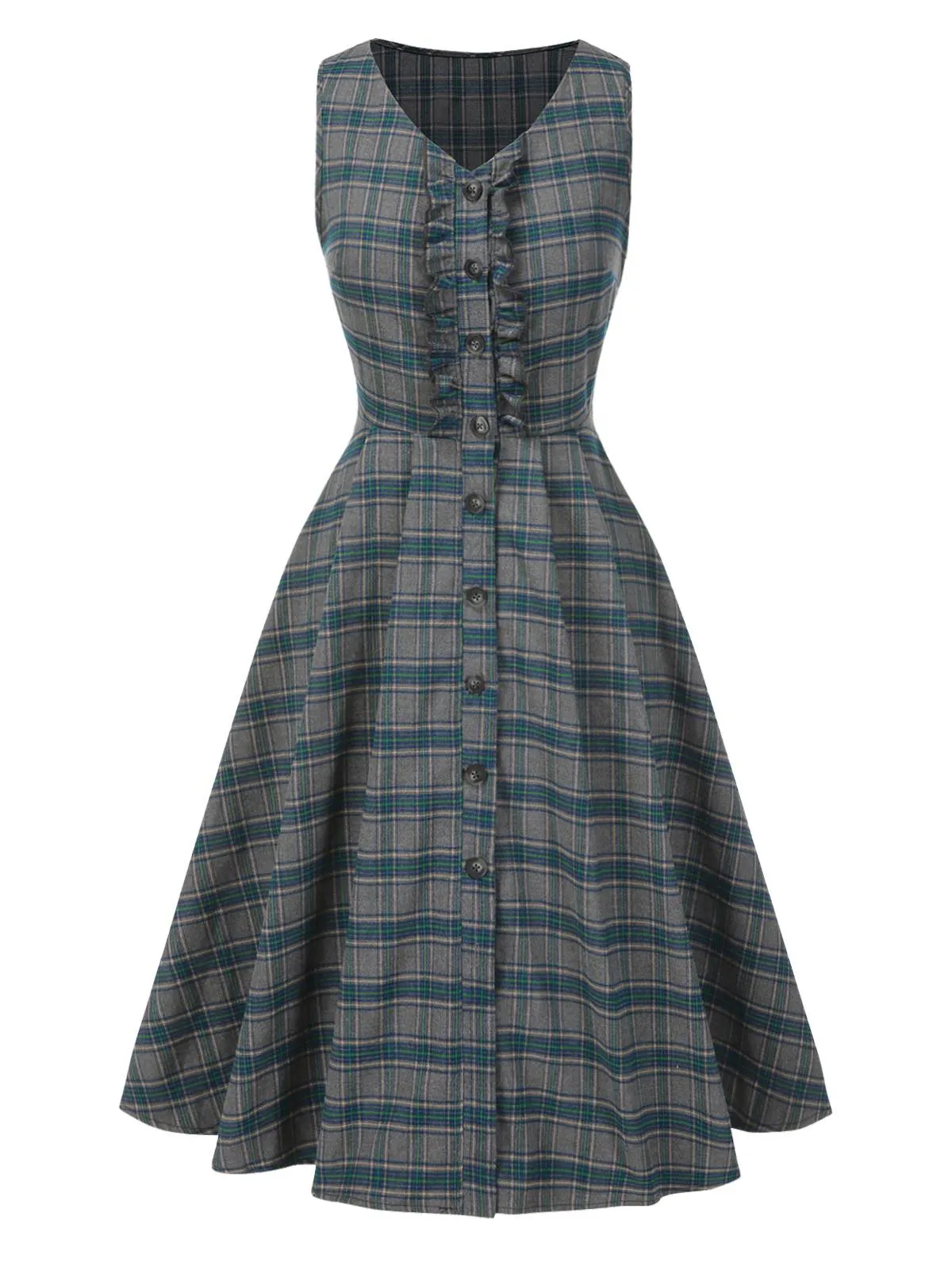 Gray 1950s Plaid V-Neck Sleeveless Ruffled Dress sold by Retro Stage product image thumbnail 2