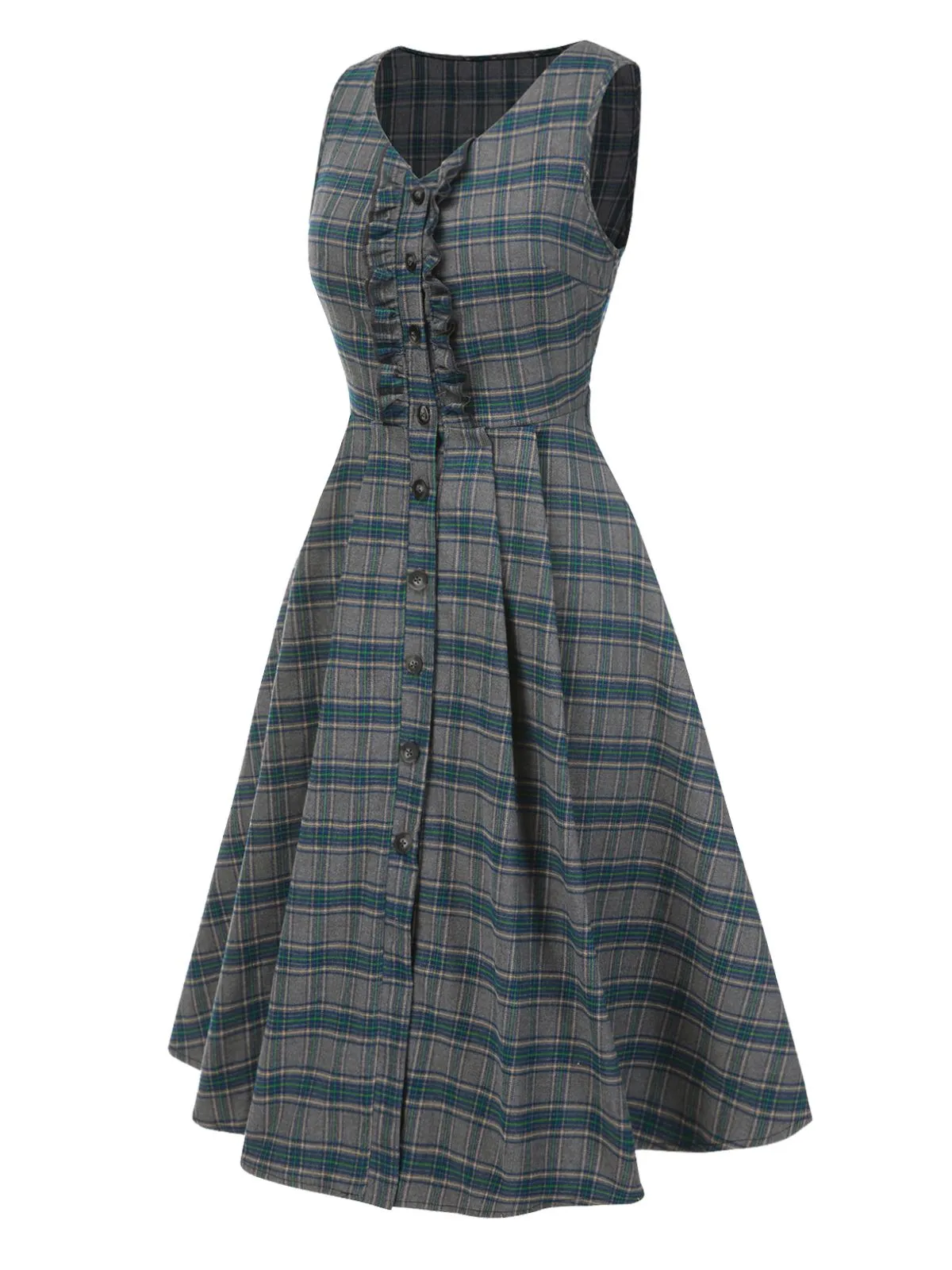 Gray 1950s Plaid V-Neck Sleeveless Ruffled Dress sold by Retro Stage product image thumbnail 3