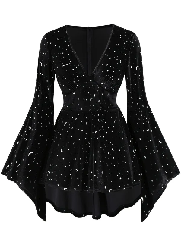 [Plus Size] Black 1960s Star V-Neck Velvet Dress sold by Retro Stage
