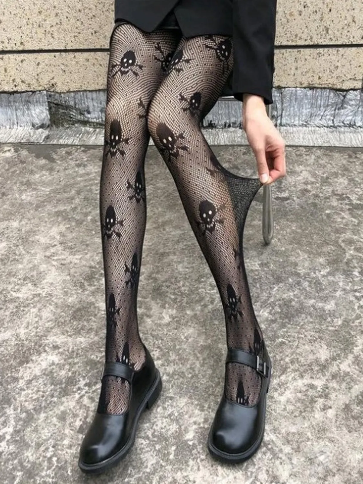 Black Gothic Skull Fishnet Tights sold by Retro Stage product image thumbnail 4