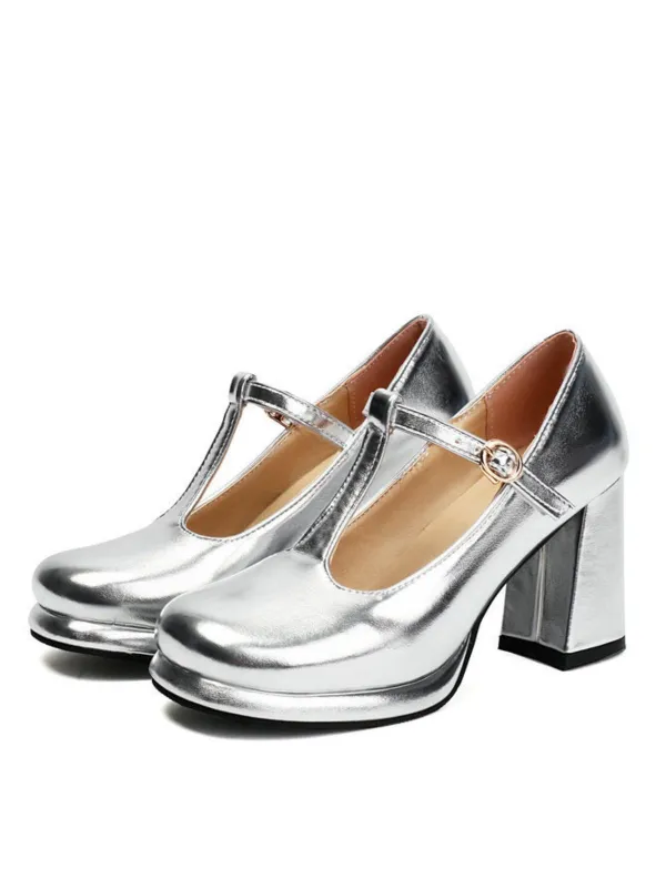 Metallic Square Toe Block Buckle Heels sold by Retro Stage